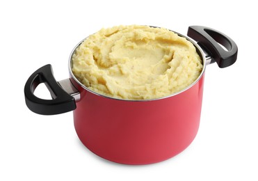 Photo of Red pot with tasty mashed potatoes isolated on white