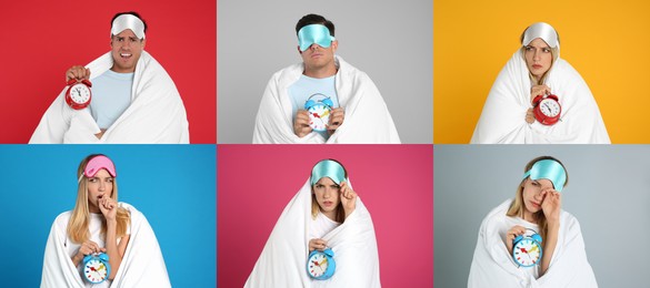Image of Collage with photos of people wrapped in blankets with alarm clocks on different color backgrounds