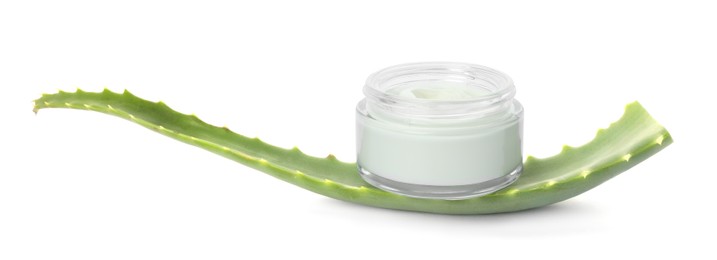 Jar of natural cream and aloe leaf isolated on white