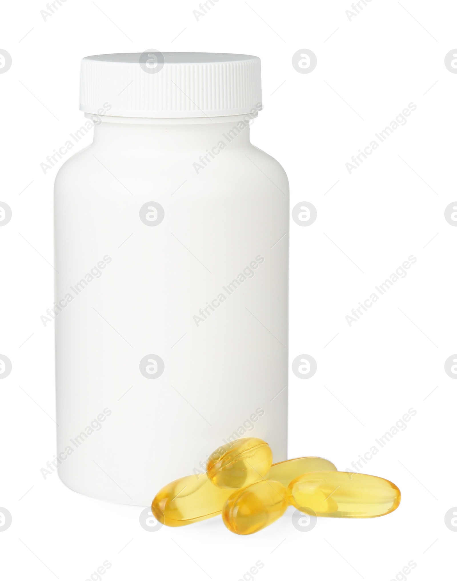 Photo of Blank jar and vitamin capsules isolated on white