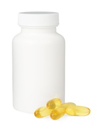 Photo of Blank jar and vitamin capsules isolated on white