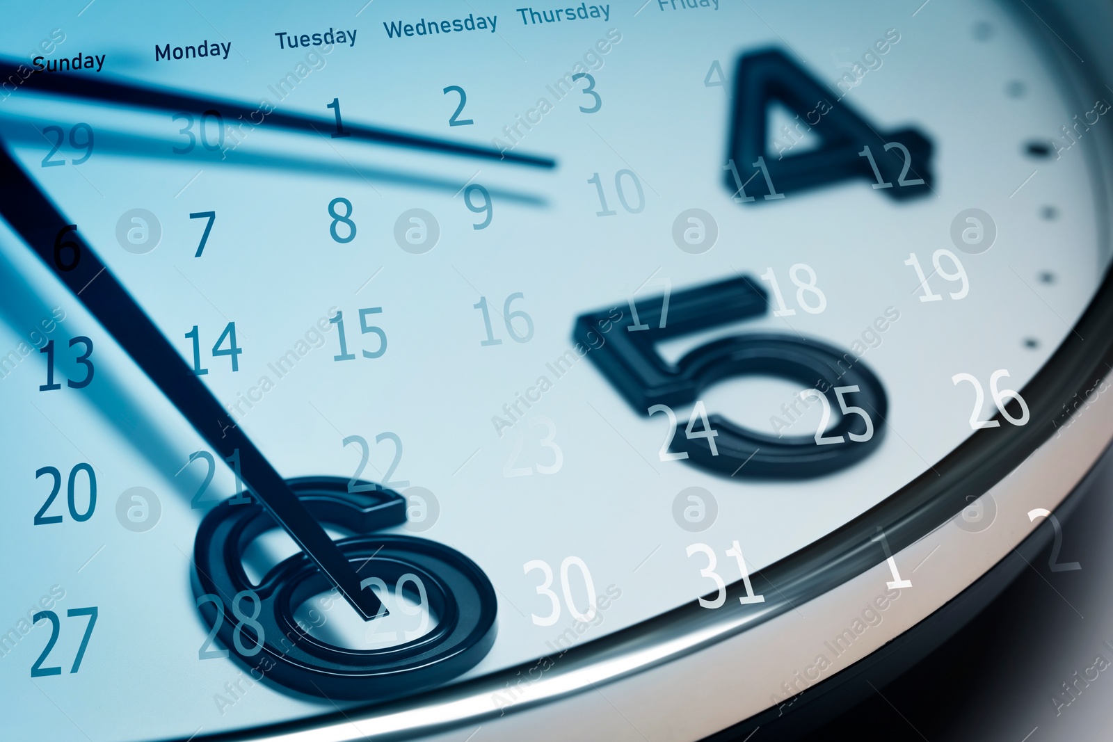 Image of Deadline concept. Double exposure of clock and calendar