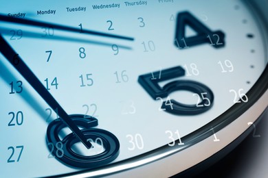 Image of Deadline concept. Double exposure of clock and calendar
