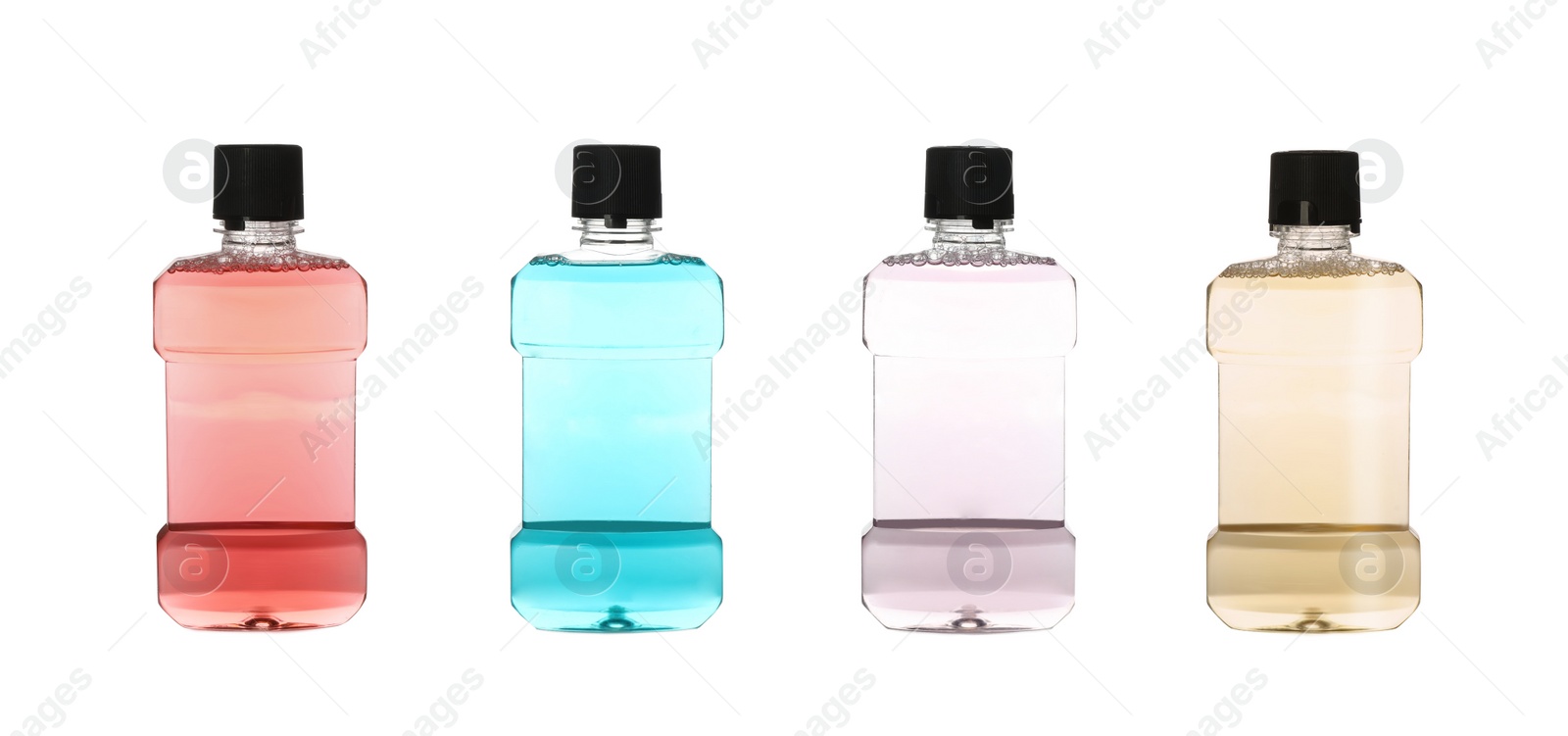 Image of Set of bottles with mouthwash for teeth care on white background. Banner design