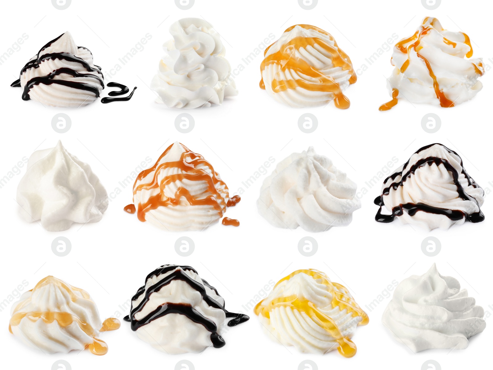 Image of Set with delicious fresh whipped cream on white background