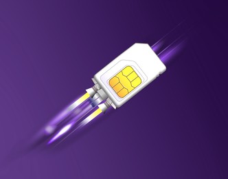 Fast internet connection. SIM card rocket flying on purple background