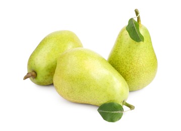 Photo of Tasty ripe pears with leaf on white background