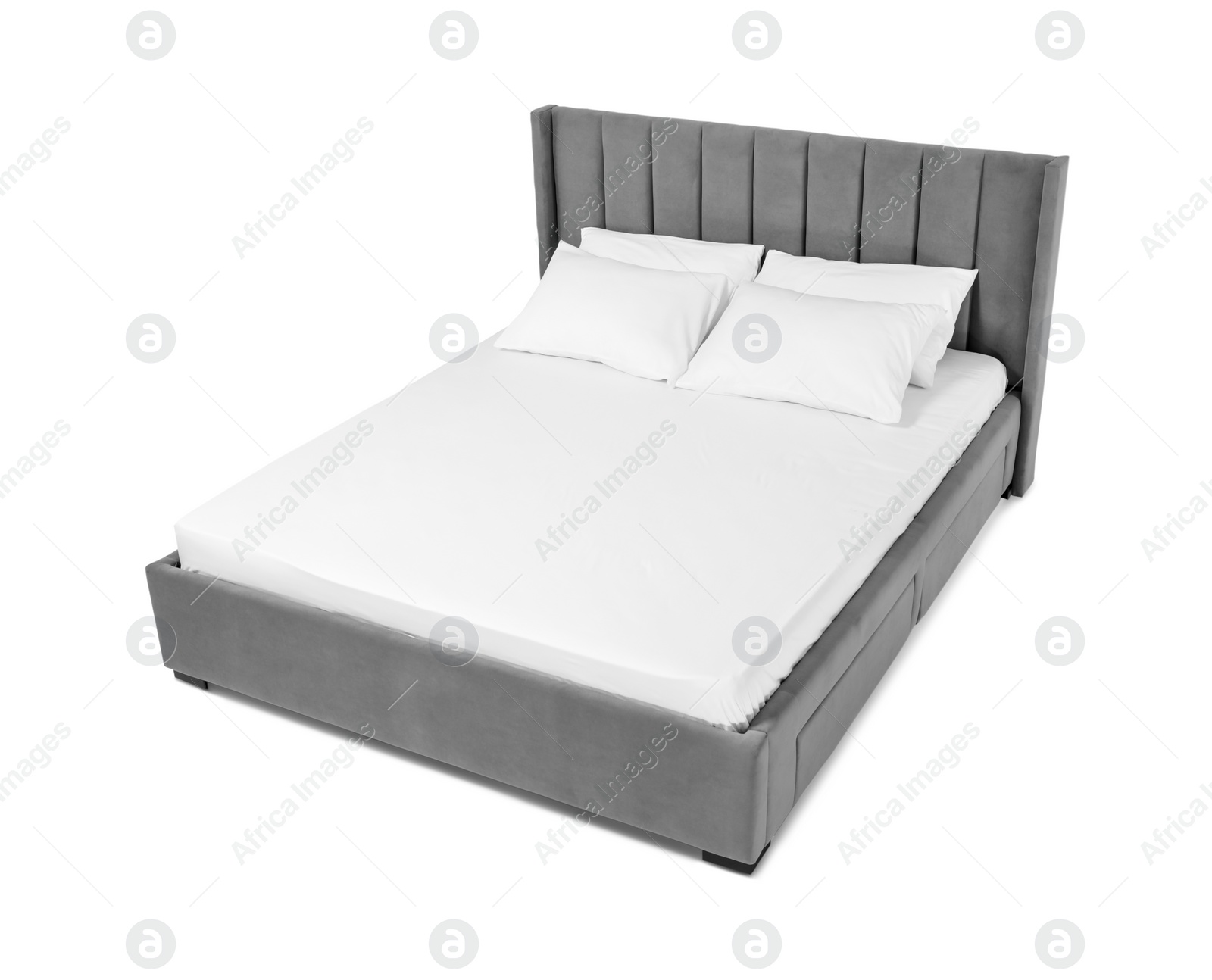 Photo of Comfortable gray bed with linens on white background