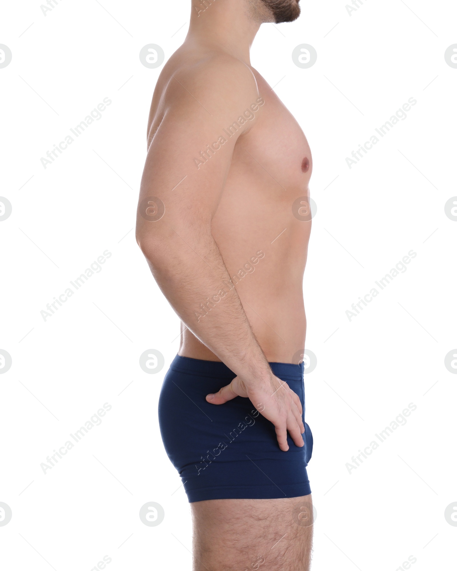 Photo of Young man on white background, closeup. Weight loss