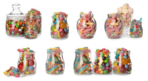 Image of Glass jars with different candies on white background, collage. Banner design