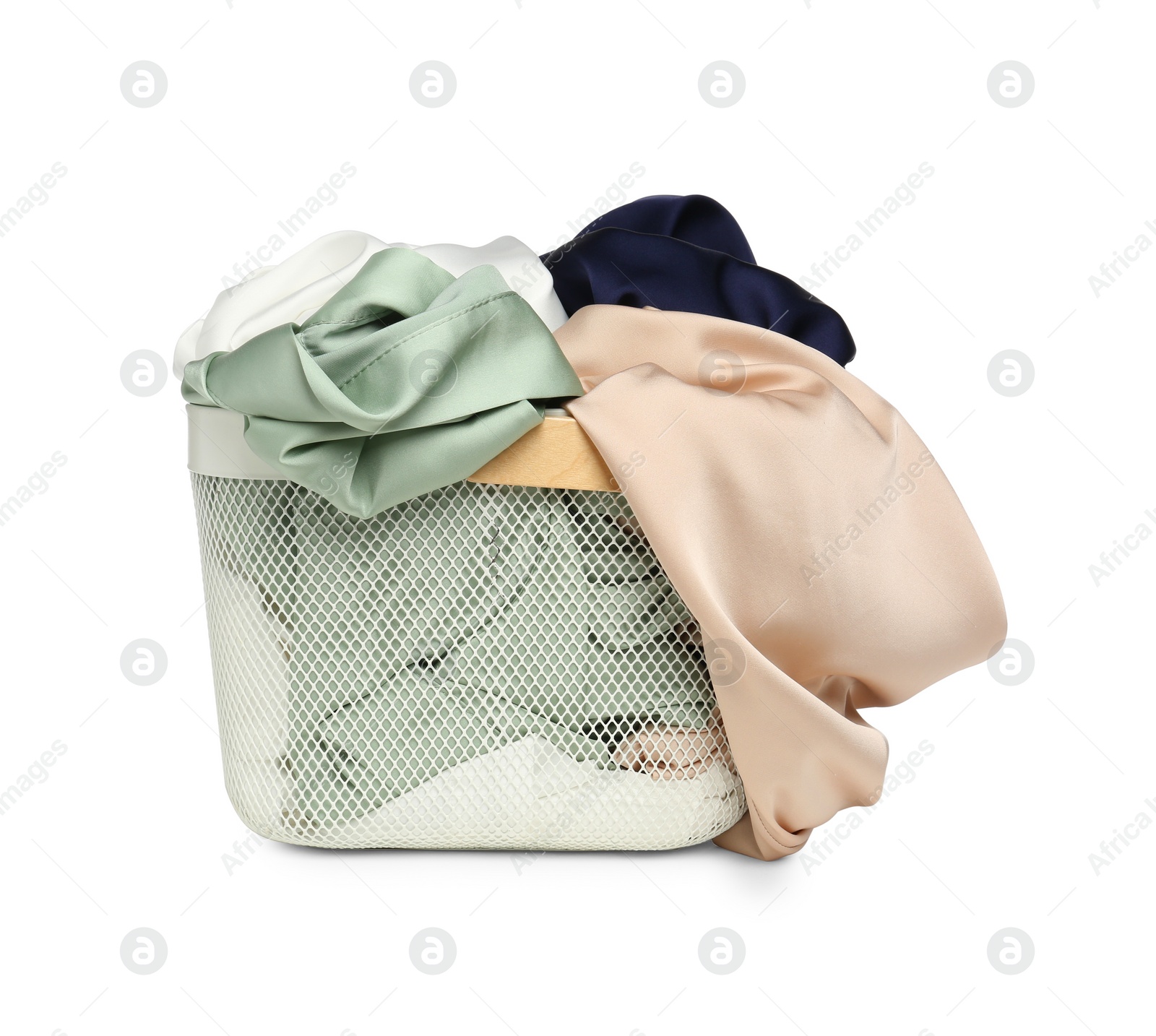 Laundry basket with clean colorful clothes isolated on white Photo of Laundry basket with clean colorful clothes isolated on white