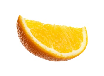 Photo of Slice of fresh orange isolated on white. Mulled wine ingredient