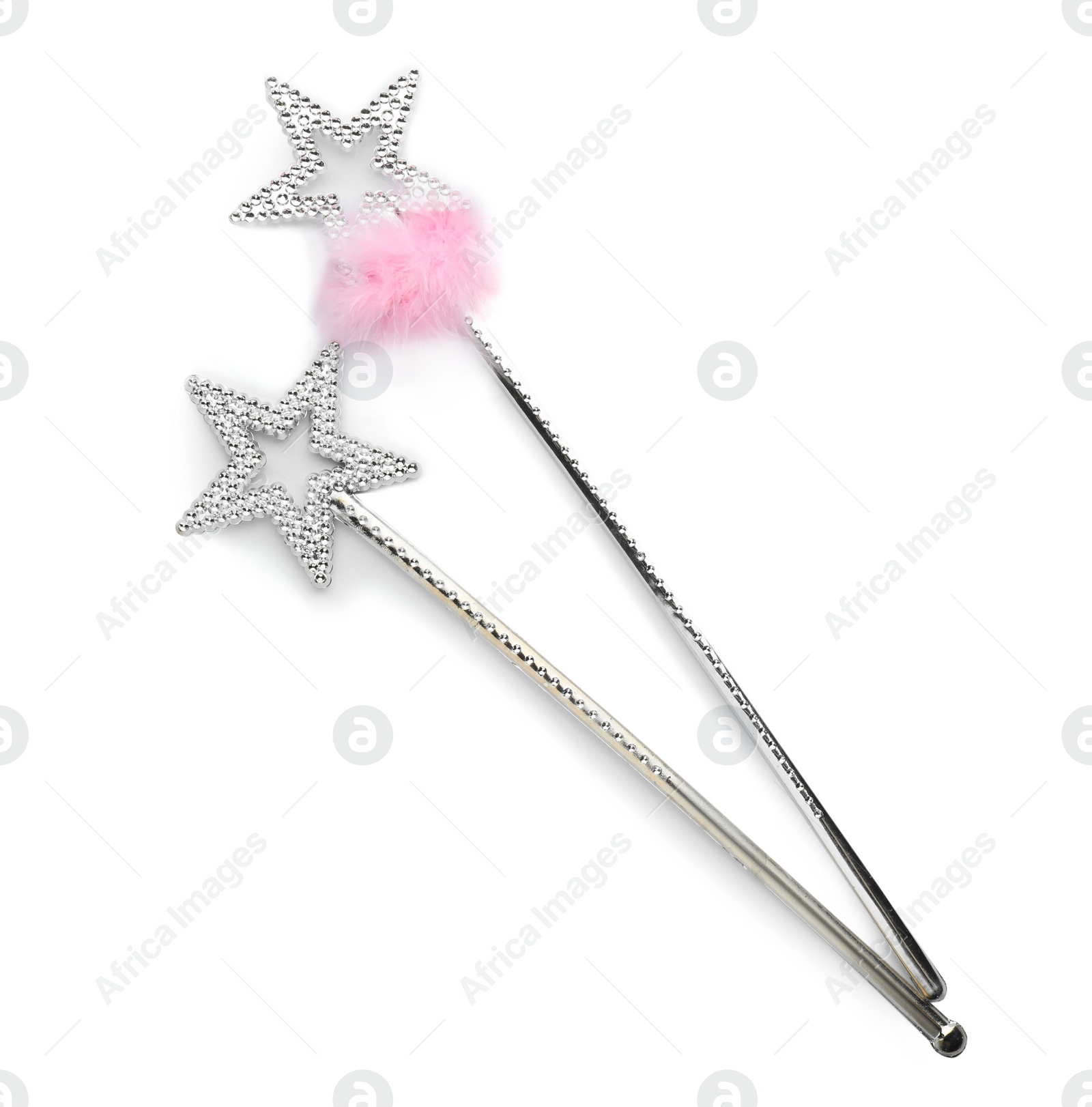 Photo of Beautiful silver magic wands on white background, top view