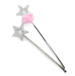 Beautiful silver magic wands on white background, top view