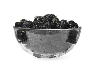 Photo of Delicious ripe black mulberries in glass bowl on white background