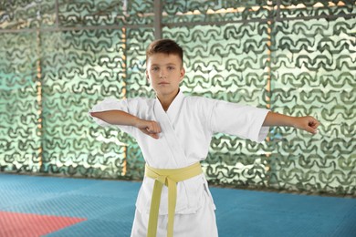 Boy in kimono practicing karate at outdoor gym