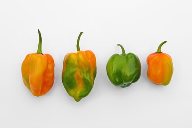Photo of Different fresh raw hot chili peppers on white background, flat lay