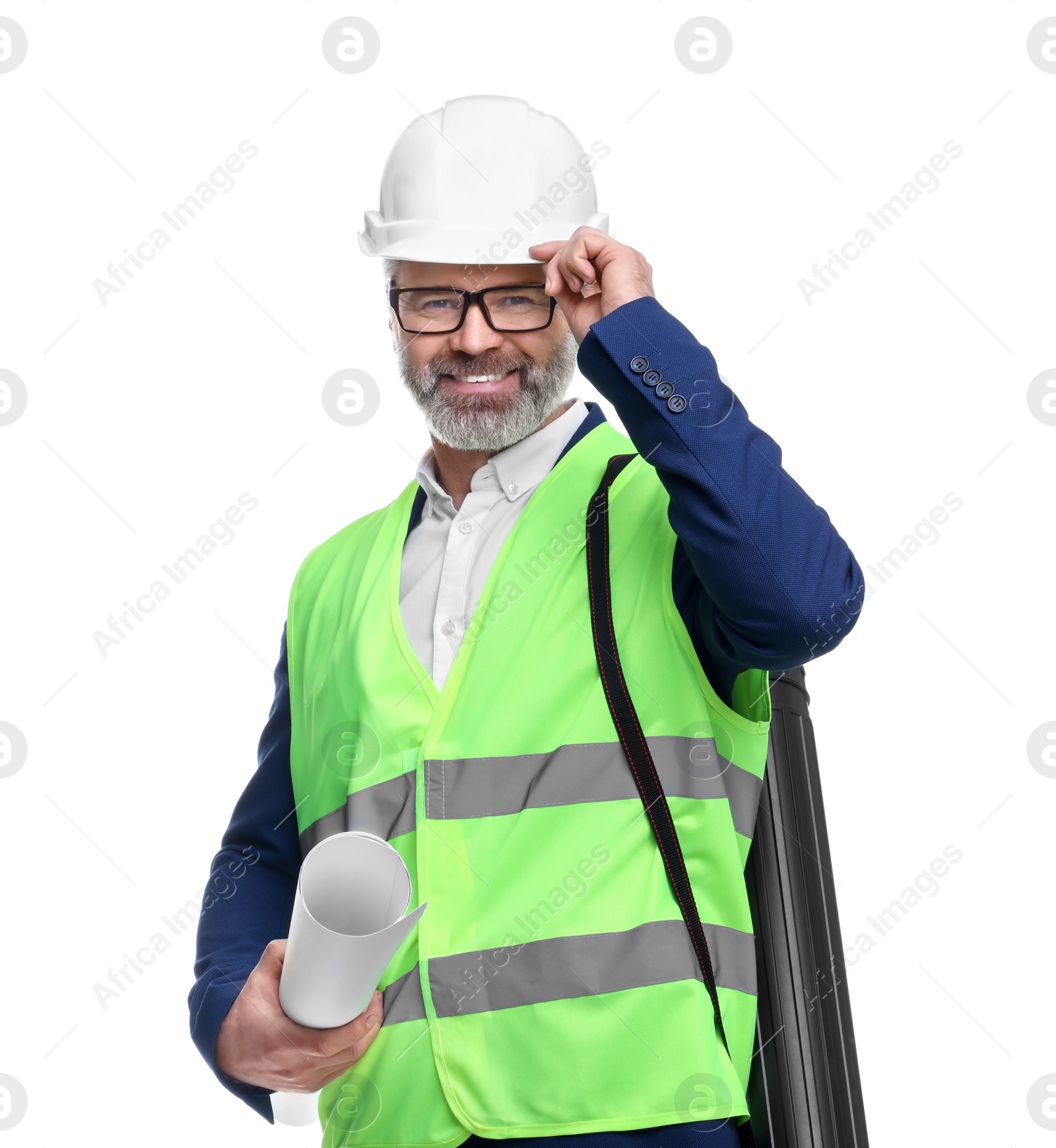 Photo of Architect in hard hat holding draft on white background