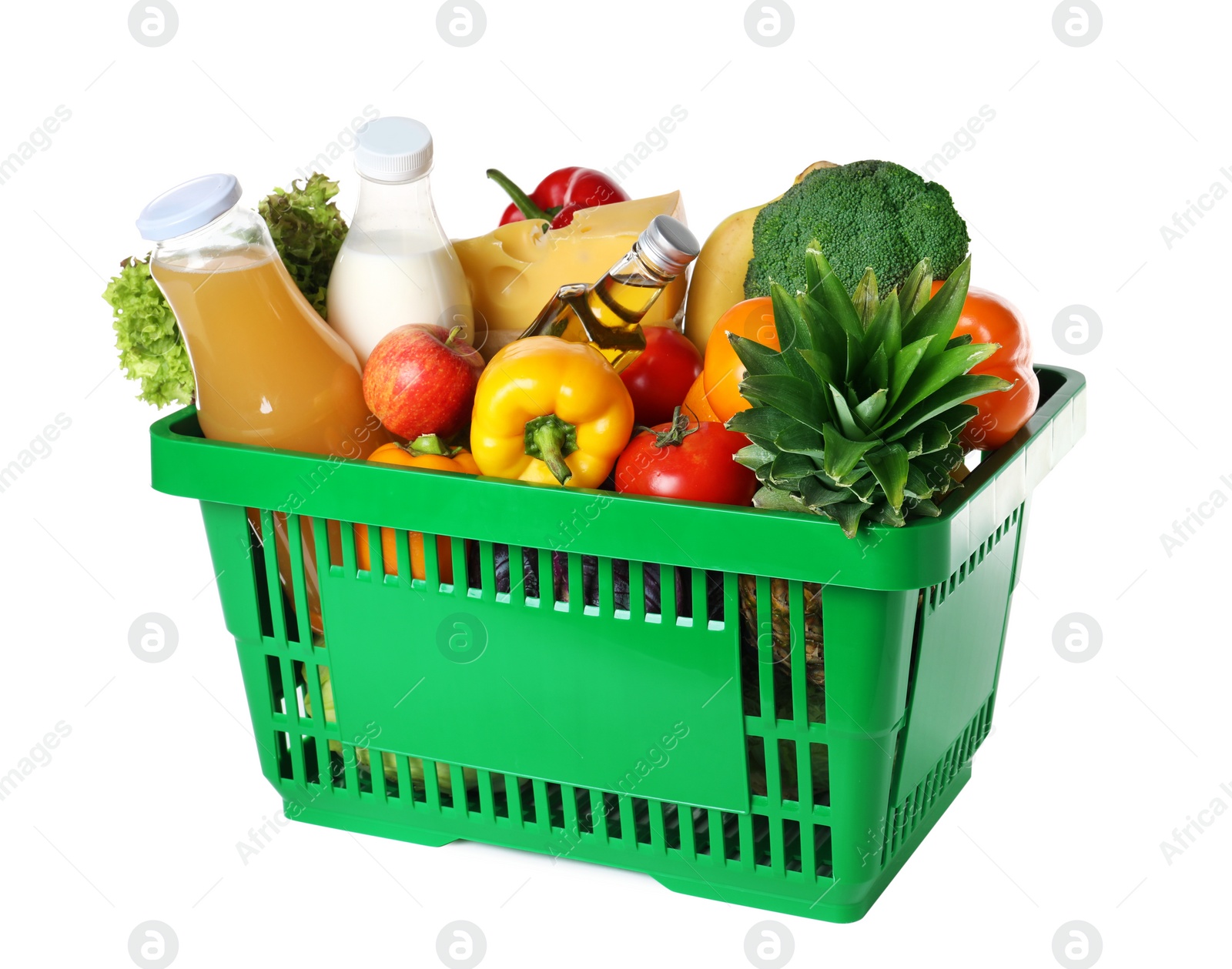 Photo of Shopping basket with grocery products on white background