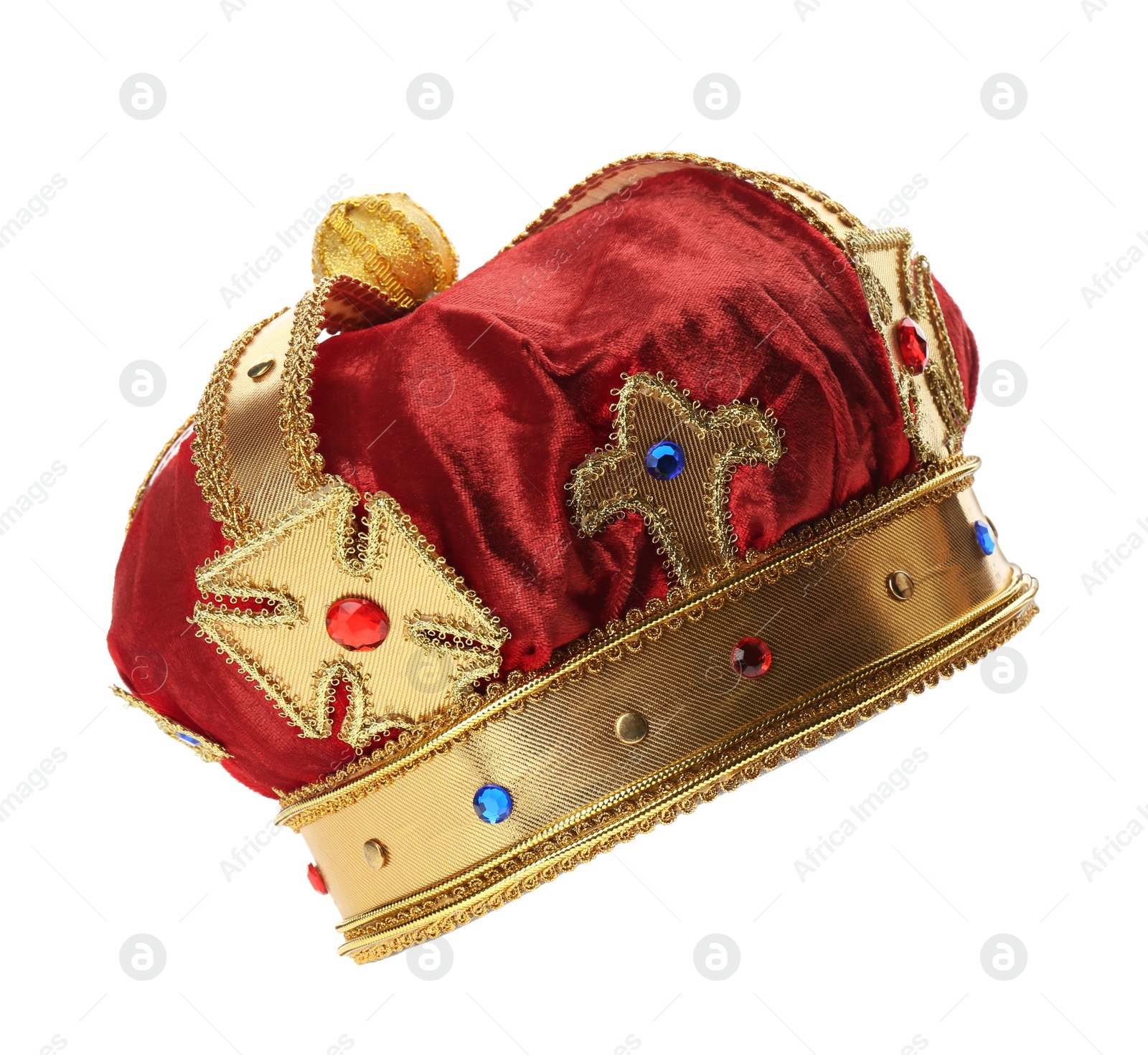 Photo of Beautiful velvet crown on white background. Fantasy item