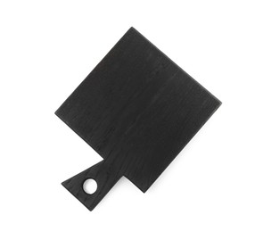 Photo of Black wooden cutting board isolated on white, top view