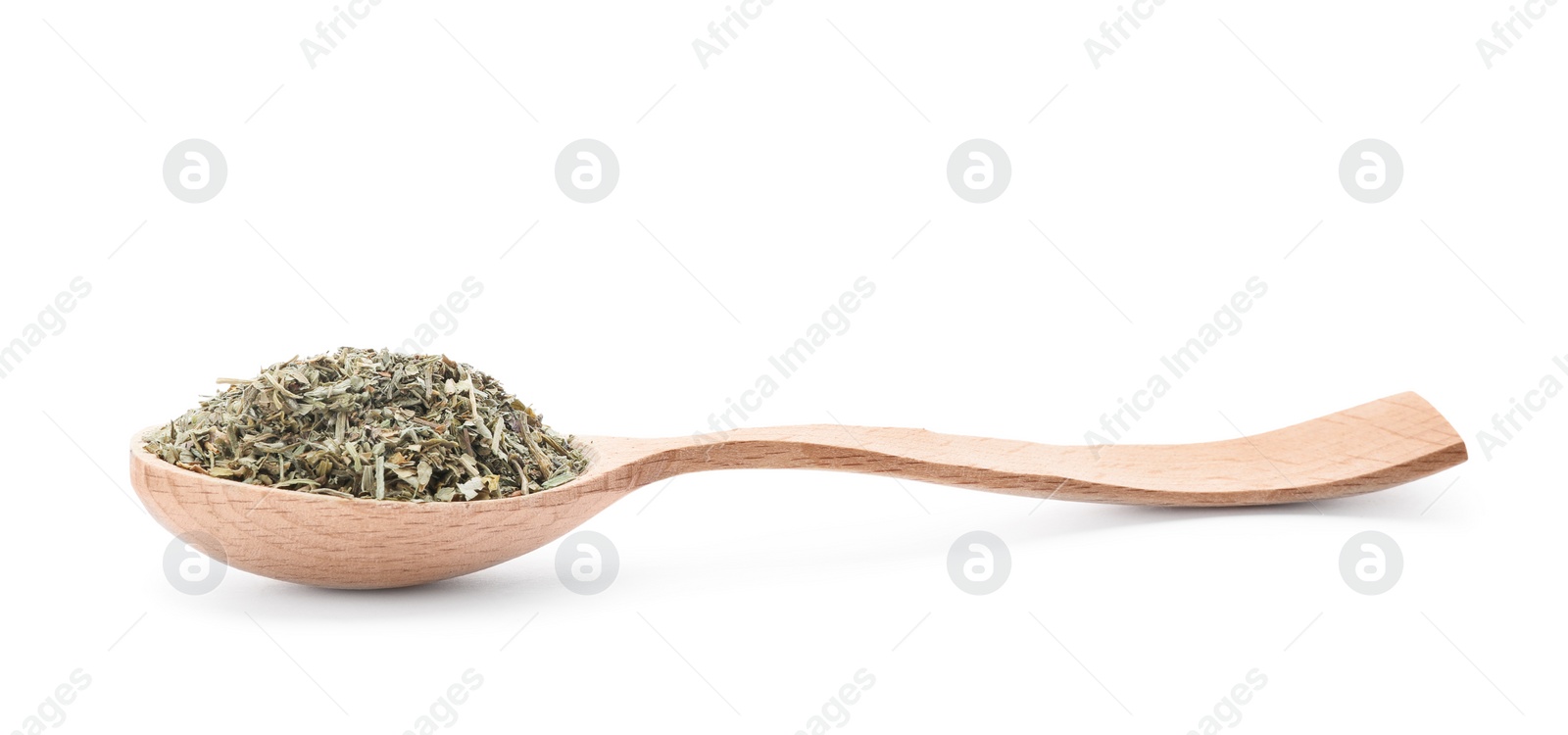 Photo of Wooden spoon with dried parsley on white background