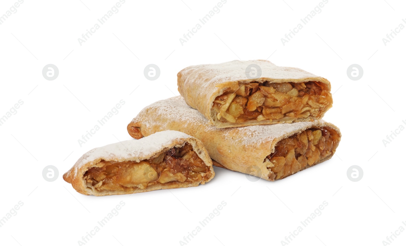 Photo of Delicious cut strudel with apples, nuts and raisins isolated on white