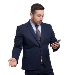 Photo of Handsome bearded businessman in suit using smartphone on white background