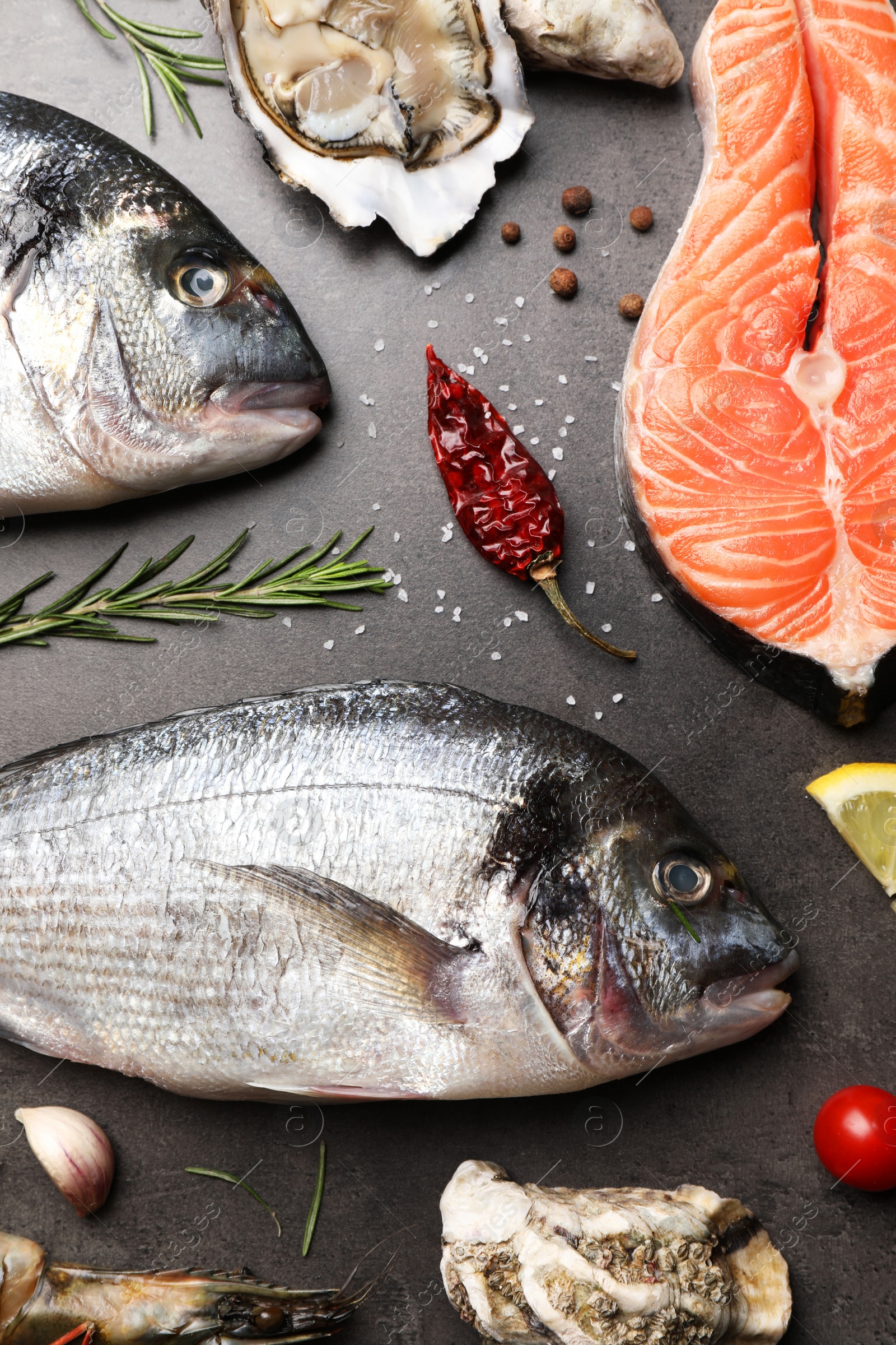 Photo of Flat lay composition with fresh raw dorado fish and different seafood on grey table