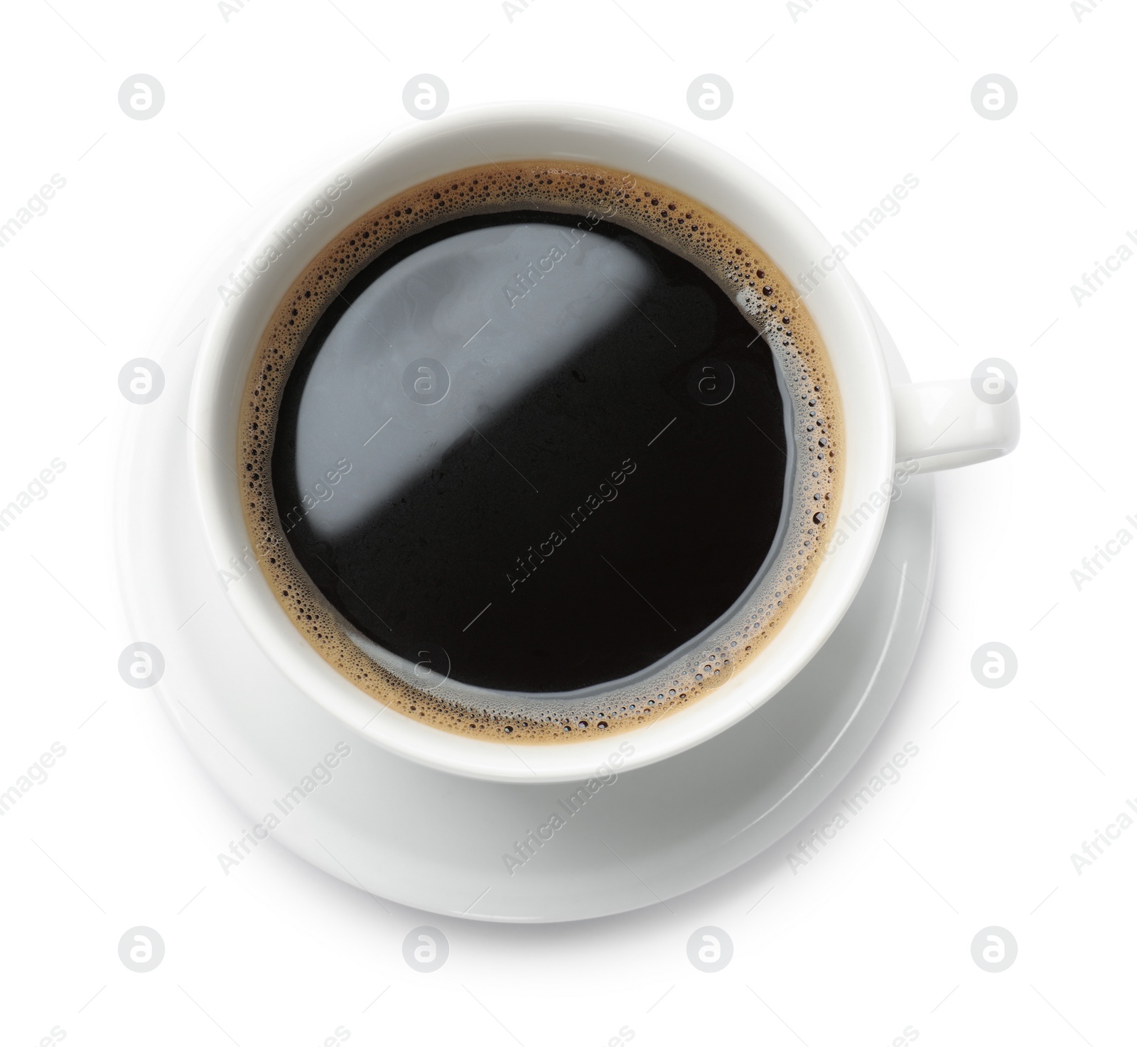 Photo of Aromatic coffee in cup isolated on white, top view