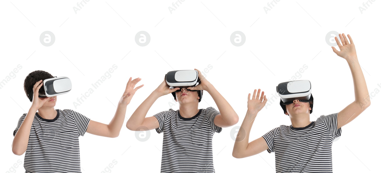 Image of Teenage boy using virtual reality headset on white background, collage. Banner design