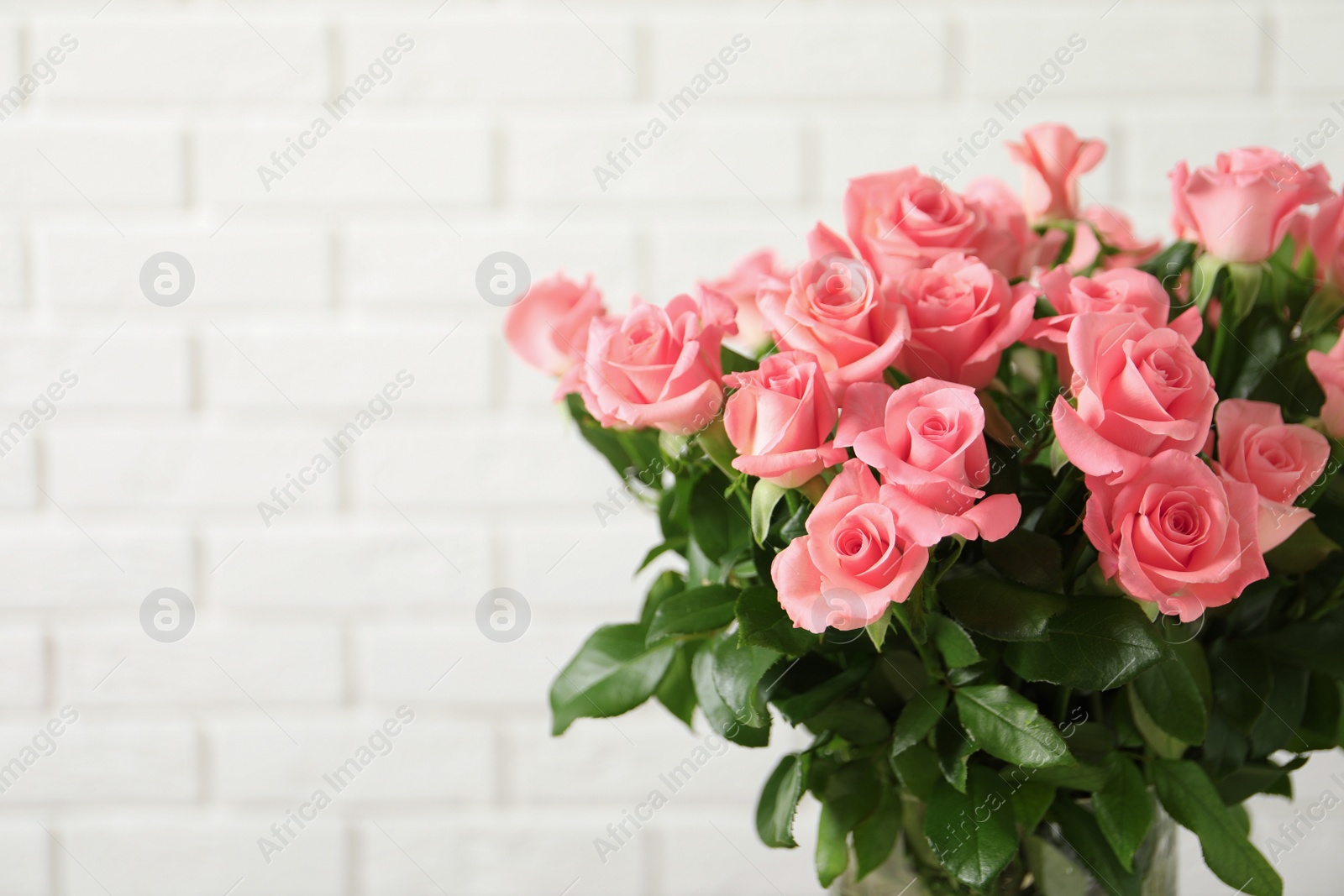 Photo of Vase with beautiful rose flowers on blurred background