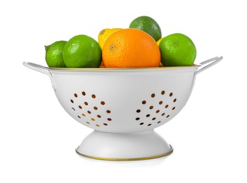 Photo of Colander with fresh fruits isolated on white