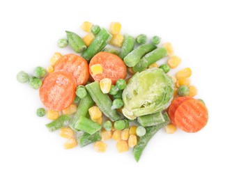 Photo of Mix of different frozen vegetables isolated on white, top view