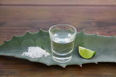 Photo of Mexican tequila shot, salt, lime slice and green leaf on wooden table. Drink made of agava