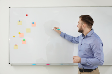 Portrait of young teacher writing on whiteboard in classroom