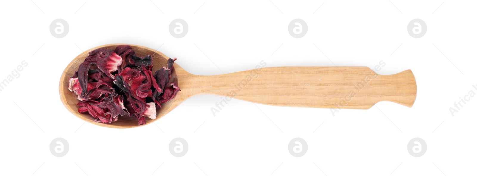 Photo of Wooden spoon of dry hibiscus tea isolated on white, top view