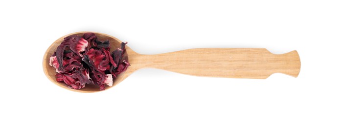 Photo of Wooden spoon of dry hibiscus tea isolated on white, top view