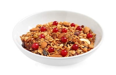 Photo of Tasty granola with cranberries isolated on white. Healthy breakfast