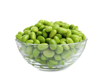 Bowl with fresh edamame soybeans on white background