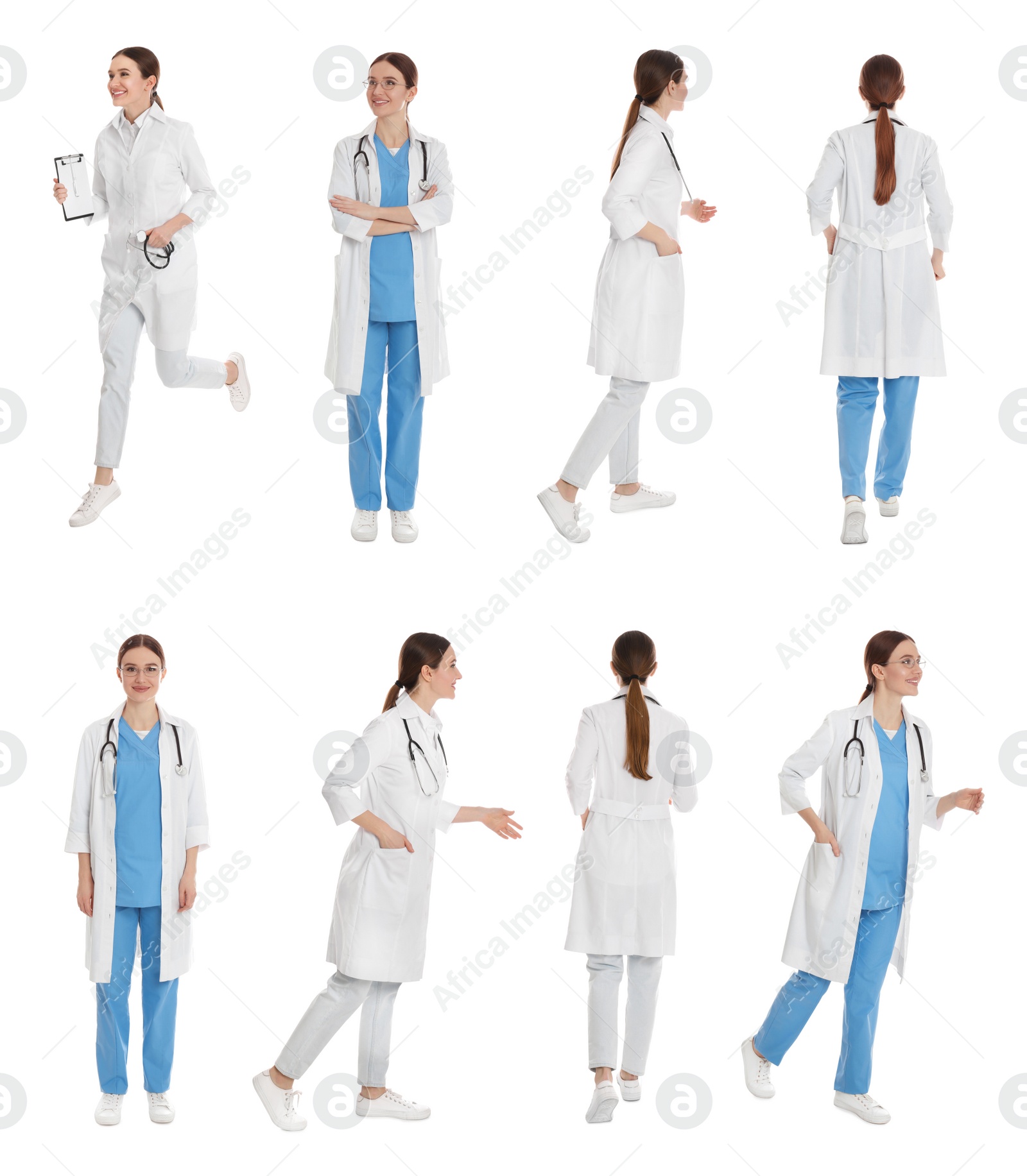 Image of Collage with photos of doctor on white background 