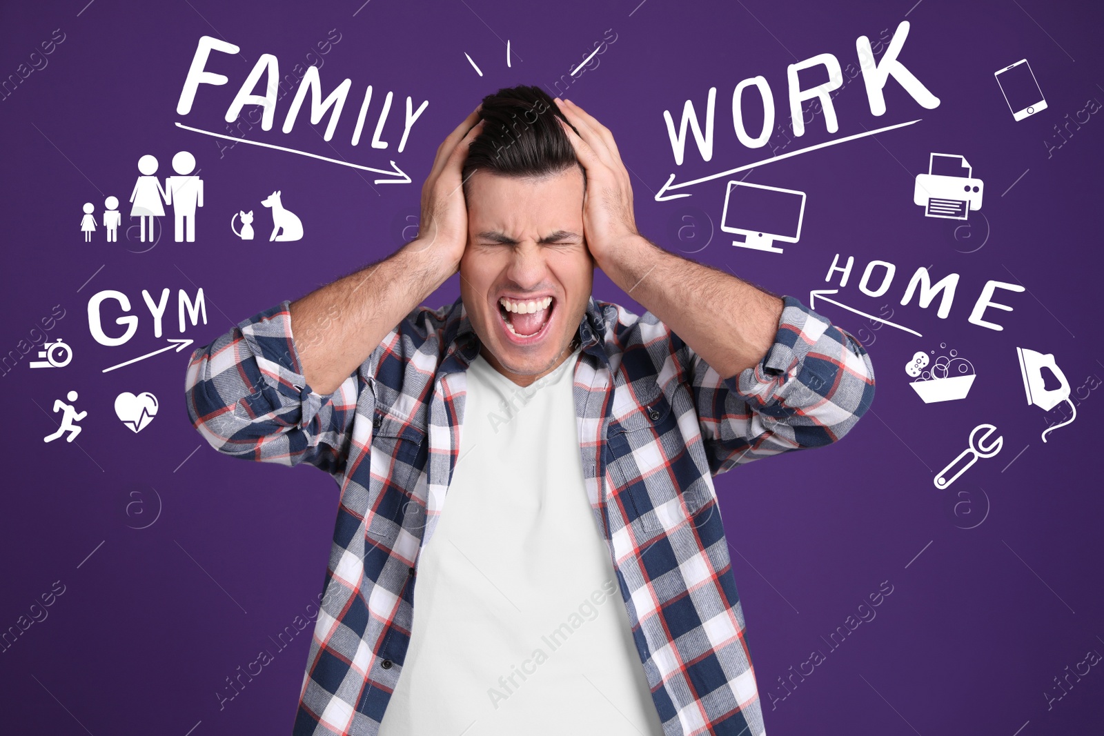Image of Stressed man, text and drawings on violet background