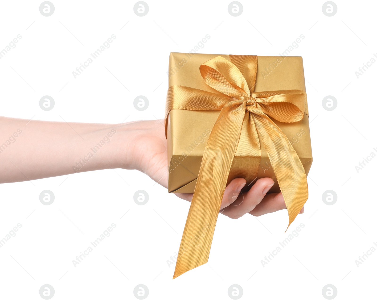 Photo of Doctor holding gift box on white background, closeup. Medical present