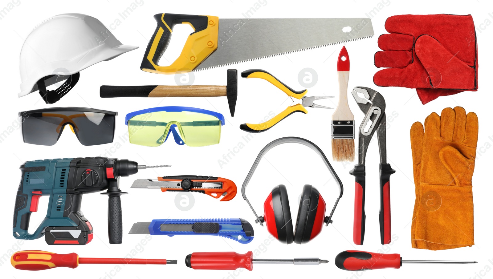 Image of Set with different tools on white background