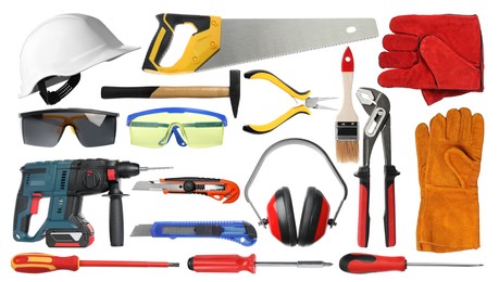 Set with different tools on white background