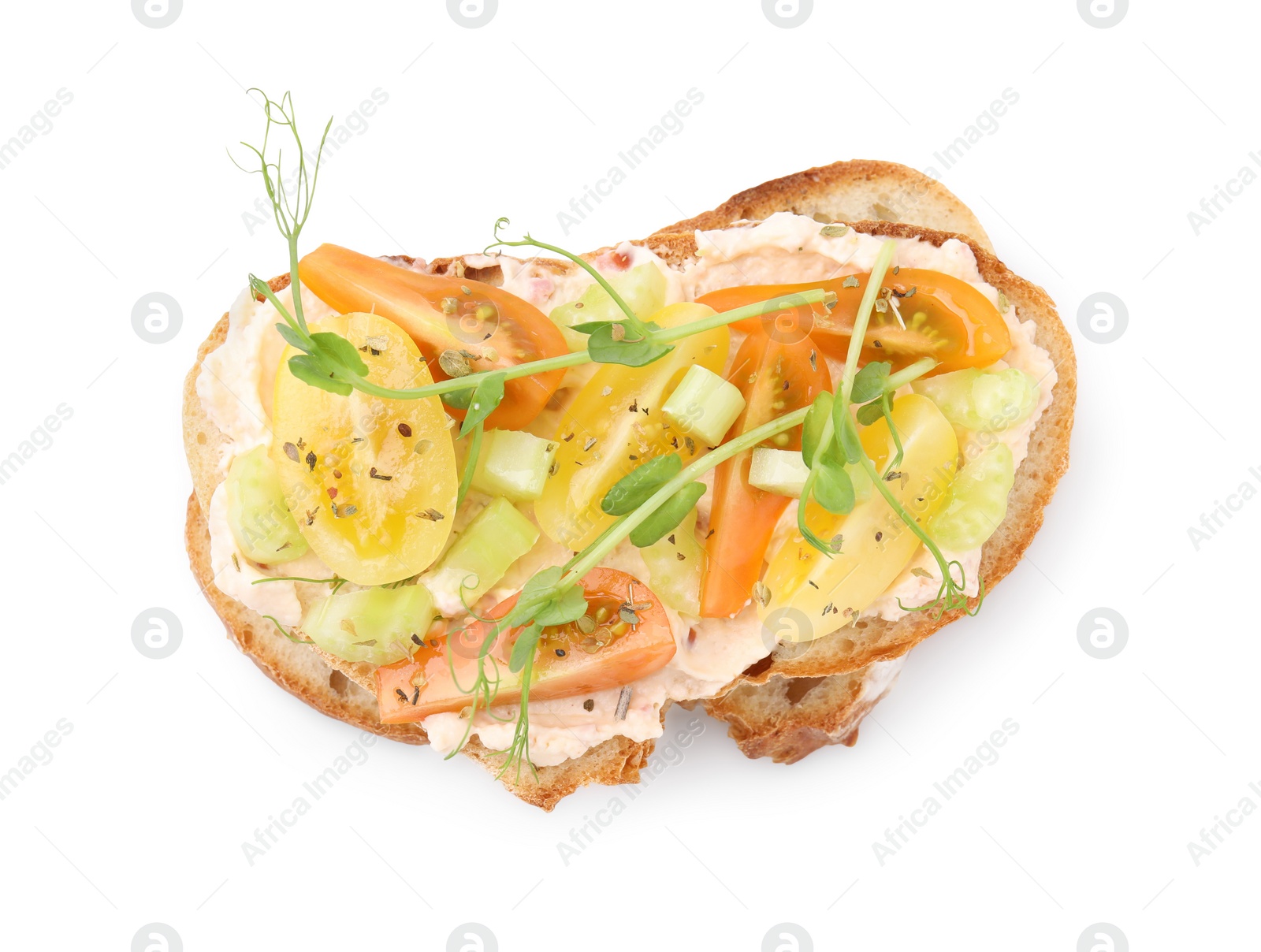 Photo of Tasty vegan sandwich with tomatoes, celery and microgreens isolated on white, top view