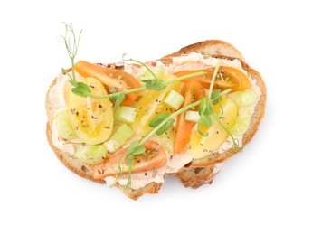 Tasty vegan sandwich with tomatoes, celery and microgreens isolated on white, top view