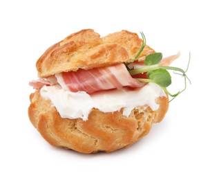 Photo of Delicious profiterole with cream cheese and prosciutto isolated on white