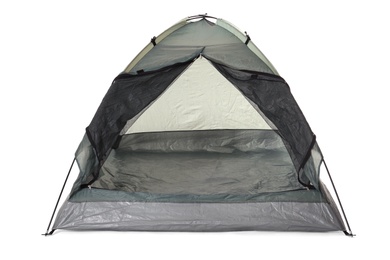 Photo of Comfortable grey camping tent on white background