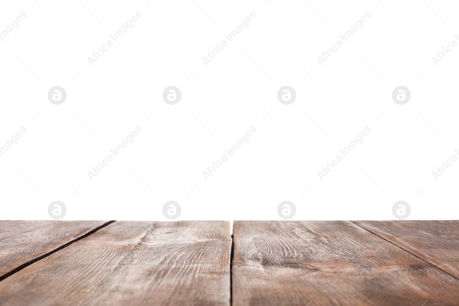 Photo of Empty wooden surface against white background. Mockup for design